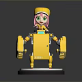 Woman with pink hair wearing yellow cap sitting on yellow mechanical device with transparent base