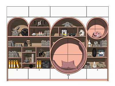 Stylish Open Bookcase With Multiple Shelves Books Decorative Items And Stuffed Toys 3d model