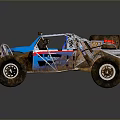 Modified Off Road Racing Car With American Flag And Muddy Exterior