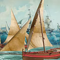 Traditional Wooden Sailboat With Beige Sails Sailing On The Sea With Red Hull