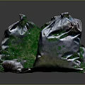 Three Silver Garbage Bags With Spilled Green Substance On Dark Surface 3d model