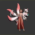 Traditional Female Character In Red White Robe With Pink Fox Tails And White Feline Creature
