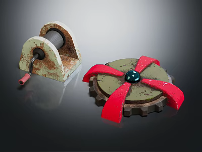 Rusty Metal Reel Device And Gear With Red Ribbons And Blue Center Ball 3d model