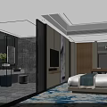 Elegant Hotel Guest Room With Large Bed Open Bathroom Marble Walls TV And Green Plants