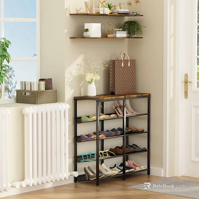 Stylish Multi Layer Shoe Rack With Wooden Top Brown Handbag And White Flower Vase 3d model 