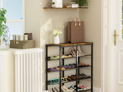 Stylish Multi Layer Shoe Rack With Wooden Top Brown Handbag And White Flower Vase 3d model