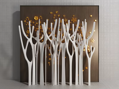 Tree Shaped White Partition With Golden Decorations And Dark Panel 3d model