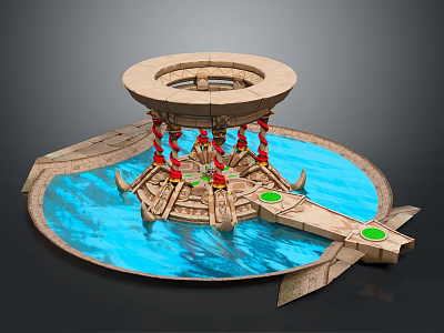 Scenic Circular Building Landscape With Blue Water Red Pillars And Wooden Platforms 3d model