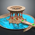 Scenic Circular Building Landscape With Blue Water Red Pillars And Wooden Platforms
