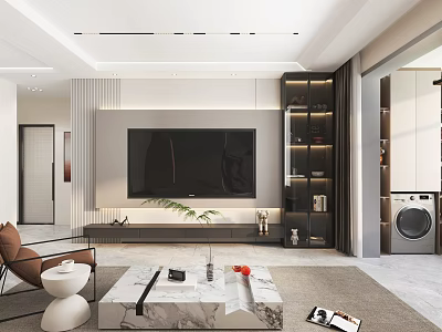 Modern Minimalist Living Room Interior With Marble Coffee Table And Sleek TV Wall Design 3d model