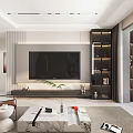 Modern Minimalist Living Room Interior With Marble Coffee Table And Sleek TV Wall Design