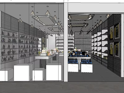Specialty Store Interior With Shoes Display Shelves Bottles And Ceiling Lights 3d model