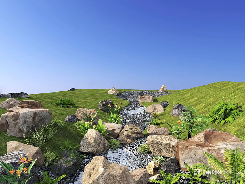 Waterside Landscape With Green Grassland Small Stream Surrounding Rocks And Flowers Under Blue Sky 3d model 