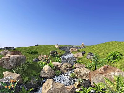 Waterside Landscape With Green Grassland Small Stream Surrounding Rocks And Flowers Under Blue Sky 3d model