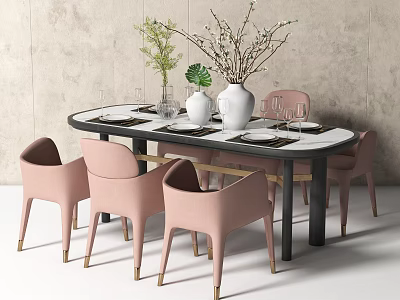 Modern Dining Table Set With Oval Tabletop Pink Chairs Gold Legs And White Vases 3d model