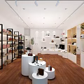 Accessories Store Interior with Display Shelves Round Showcases Wooden Floors and White Walls