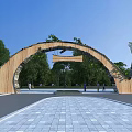 Arched Wooden Entrance Gate With Green Plants In Park Surrounded By Trees