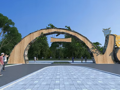 Arched Wooden Entrance Gate With Green Plants In Park Surrounded By Trees 3d model