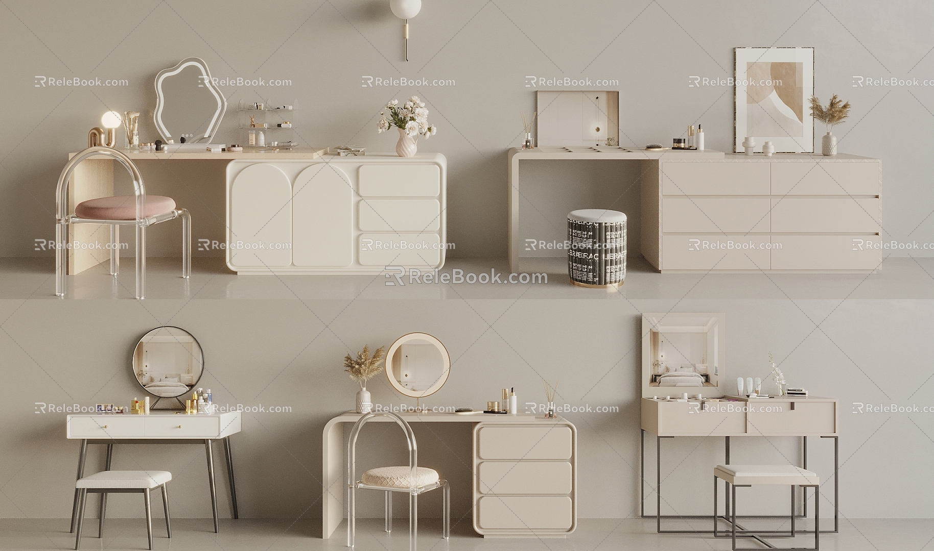 Modern Cream Style Dressing Table Makeup Table Makeup Stool Combination Makeup Table Makeup Mirror Makeup Supplies 3d model