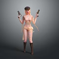A Woman Wearing Hat Holding Two Guns In Transparent Outfit With Knee High Boots