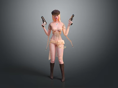 A Woman Wearing Hat Holding Two Guns In Transparent Outfit With Knee High Boots 3d model