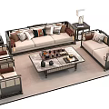 Elegant Sofa Coffee Table Set With Throw Pillows Side Tables Table Lamps And Tea Set 3d model