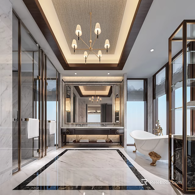 Luxurious Hotel Bathroom Interior With Chandelier Marble Flooring Large Mirror And Freestanding Bathtub 3d model 