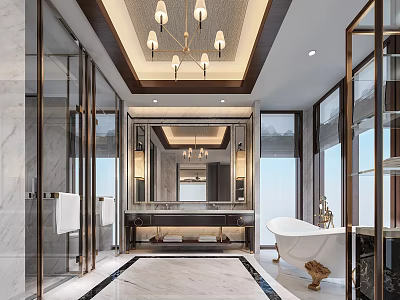 Luxurious Hotel Bathroom Interior With Chandelier Marble Flooring Large Mirror And Freestanding Bathtub 3d model