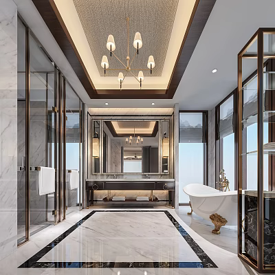 Luxurious Hotel Bathroom Interior With Chandelier Marble Flooring Large Mirror And Freestanding Bathtub 3d model
