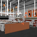 Industrial Style Restaurant Interior With Open Kitchen Dining Tables Chairs And Art