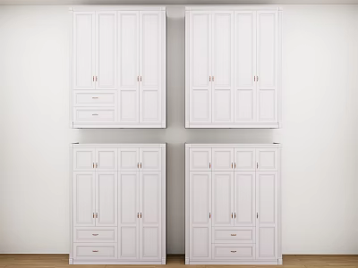 Four White Wardrobes In Modern Interior Design With Doors Drawers And Metal Handles 3d model