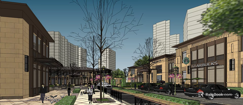 Vibrant Commercial Street With Modern Buildings Trees Pedestrians And Starbucks 3d model 