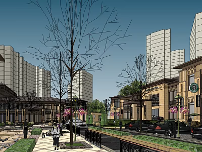 Vibrant Commercial Street With Modern Buildings Trees Pedestrians And Starbucks 3d model