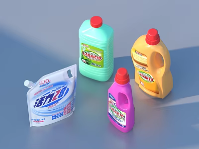 Colorful Household Cleaning Products With Plastic Bottles Sachets And Liquid Detergent 3d model
