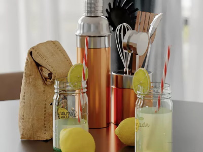 Decorative Kitchen Decor Set with Metallic Shaker Wooden Utensils Glass Jars Lemon Slices Striped Straws 3d model