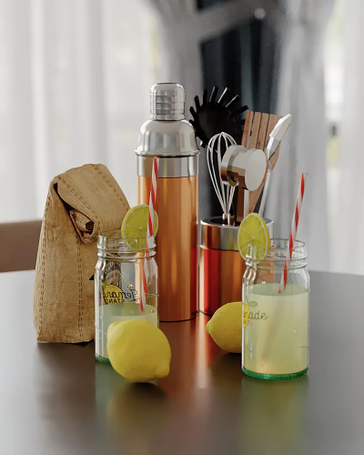 Decorative Kitchen Decor Set with Metallic Shaker Wooden Utensils Glass Jars Lemon Slices Striped Straws 3d model