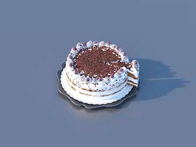 Delicious Layered Cream Cake With Chocolate Shavings And Cream Decorations On Plate With Slice Removed 3d model