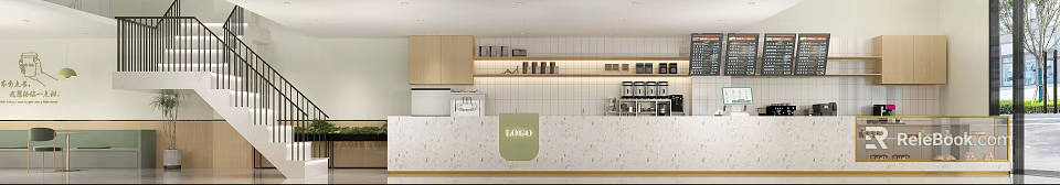 Modern Bubble Tea Shop Interior With Marble Counter Coffee Machines And Tile Walls Design 3d model 