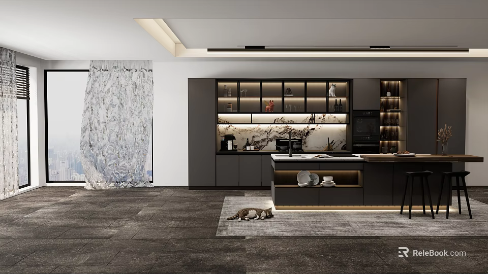 Modern Restaurant Interior With Open Kitchen Gray Cabinets Marble Island And City View 3d model 