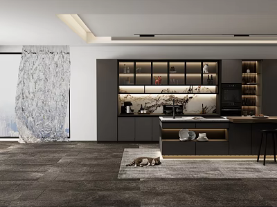 Modern Restaurant Interior With Open Kitchen Gray Cabinets Marble Island And City View 3d model