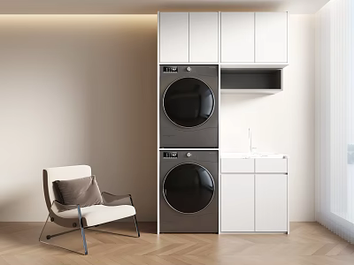 Modern Laundry Room With Stackable Washer Dryer White Cabinets Chair And Herringbone Floor 3d model