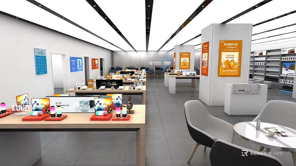 Modern Shopping Mall Retail Store with Open Layout Display Tables Chairs Shelves and Products 3d model 