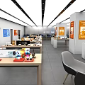 Modern Shopping Mall Retail Store with Open Layout Display Tables Chairs Shelves and Products