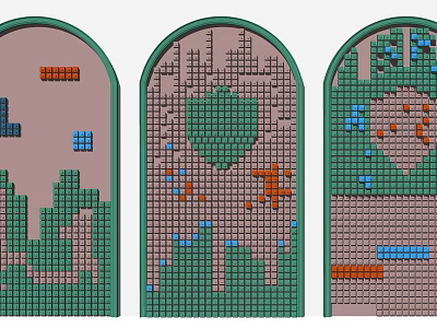 Arch Shaped Background Wall With Pixel Art Colorful Patterns Green Frame Brown Blue Orange Elements 3d model