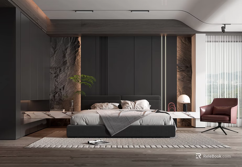 Modern Elegant Bedroom Interior With Gray Bed Black Headboard Wall Marble Pillars And Wooden Floor 3d model 