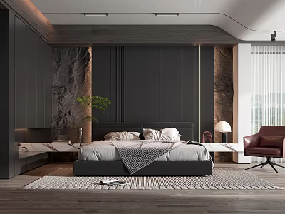 Modern Elegant Bedroom Interior With Gray Bed Black Headboard Wall Marble Pillars And Wooden Floor 3d model