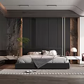 Modern Elegant Bedroom Interior With Gray Bed Black Headboard Wall Marble Pillars And Wooden Floor