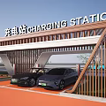 Cars Parked at Modern Charging Station with Covered Structure and Orange Path