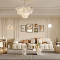 Beige Paneled Living Room Interior With Chandelier Framed Artworks Sofa And Rug