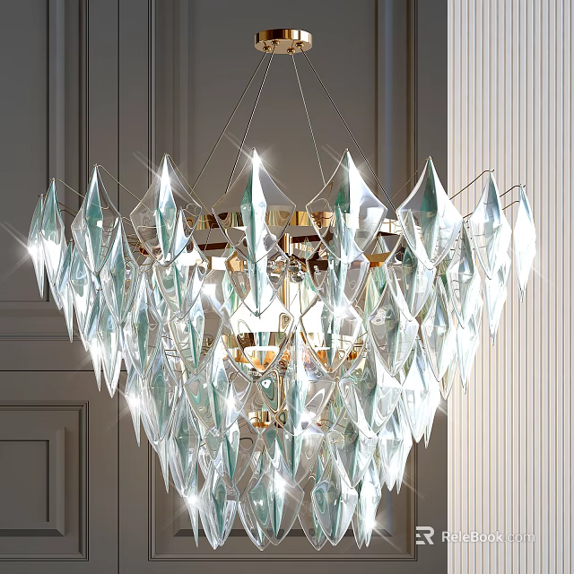 Elegant Modern Luxury Chandelier Featuring Transparent Geometric Glass Pendant Pieces Shining Brightly Indoors 3d model 